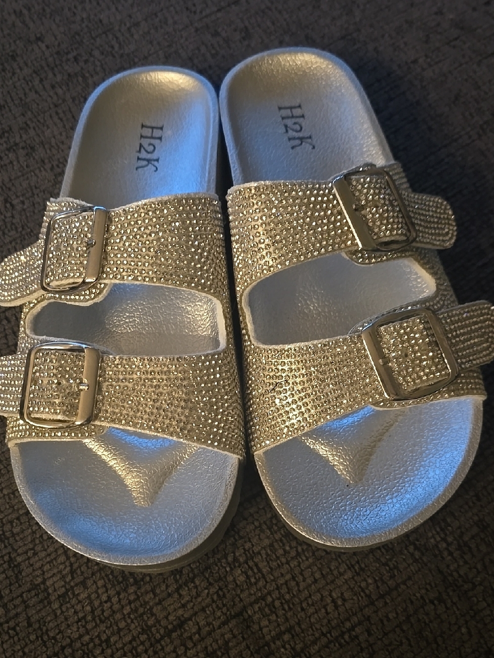 H2k Glitter Double-Buckle Slide Sandals in Gold